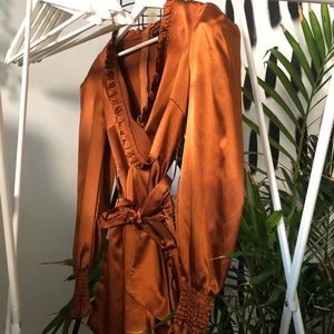 Copper Satin Frill Detail Ruched Bodycon Dress